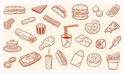 doodle icon of fast food collection set - hand drawn sketch