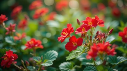 Vibrant Red Blossoms Among Lush Green Foliage in a Sunlit Garden Setting