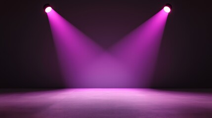 Two spotlights illuminate a dark room with purple light, casting beams onto a textured floor.