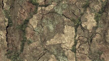 Cracked, textured surface with moss growth.  Shows aging, decay, and nature's resilience