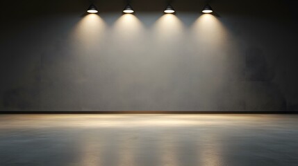 A dimly lit room features a textured grey wall illuminated by three spotlights mounted above, casting a warm glow onto a polished concrete floor.