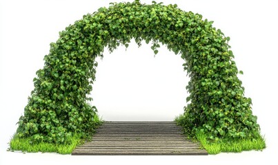 Fototapeta premium Lush green archway entrance, wooden path, garden backdrop; wedding, event decor