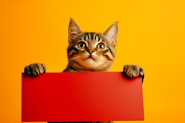 Isolated cat on a solid clothing yellow background. Funny kitty ad. Wild buddy ad concept. &ETH;&iexcl;ute adult cat munchkin hold in front paws a layout - large red boulevard sign. Cat near ad board.