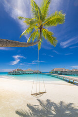 Maldives palm swing water villas, summer beach landscape, turquoise lagoon, sunny sky tropical paradise, serene ocean breeze, relaxing vacation vibes, exotic island getaway, tranquil luxury retreat