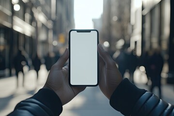 Empty smartphone screen held outdoors