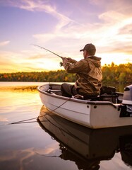 Caucasian male adult fishing in scenic lake at sunset in autumn
