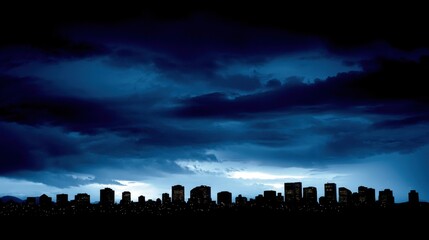 Obraz premium Dark Skyline Silhouette of City Buildings Under Dramatic Storm Clouds at Night Wide Angle View