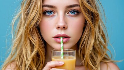 Young Woman with Blonde Hair Enjoying a Refreshing Orange Juice Drink Through a Straw