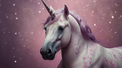 A unicorn with flowing pink and white hair stands gracefully against a soft, pastel background.