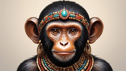 A monkey adorned with a colorful headdress and sparkling jewelry, showcasing a vibrant and playful appearance.