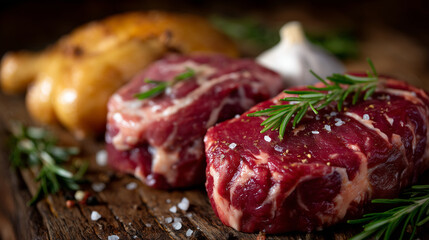 Delicious cuts of beef, lamb, chicken, and pork displayed on a wooden surface with sprigs of rosemary, garlic, and scattered coarse salt, perfect for a hearty barbecue feast