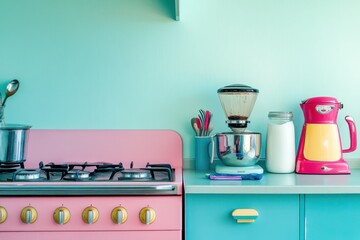 Bright and Cheerful Kitchen Decor with Vintage-Style Appliances, Colorful Utensils, and a Stylish Coffee Maker That Enhance Domestic Warmth and Joyful Vibes