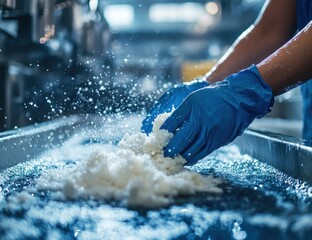 Hands in blue gloves washing white food product in a stainless steel trough