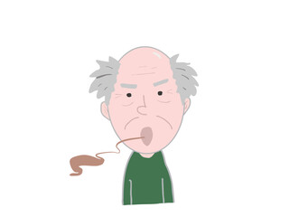 Illustration of the face and upper body of an old man with bad breath coming from his mouth