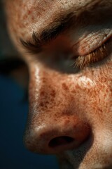 Close-up of a freckled face with closed eye in sunlight, portrait, skin texture, beauty, health, detail, profile, natural light