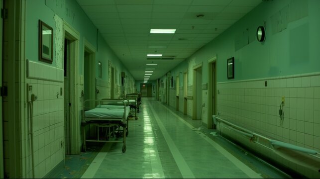Hospital Backrooms creepy three dimensional design. Liminal space  abstract interior. Alone in abandoned building 3d render illustration, nightmare or a bad dream. Game concept