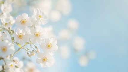 Fototapeta premium Delicate white flowers blooming against a soft blue sky in a tranquil garden setting during springtime