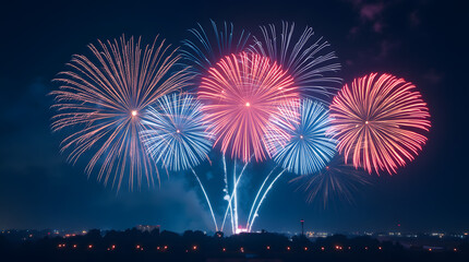 Explosion de feux d'artifices au-dessus de la ville isolé sur fond noir 