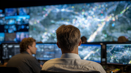 Wide-angle shot of a coordination center during a national emergency, with rescue experts analyzing live infrastructure damage reports and traffic data overlays