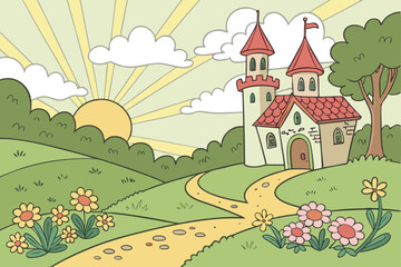 Fototapeta premium 181 fairytale garden, vibrant colors, whimsical architecture, lush greenery, colorful flowers, winding path, sun rays, puffy clouds, storybook scene, cartoon-like style, imaginative composition