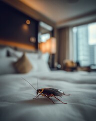 Cockroach on Bed in Hotel Room Close Up Pest Control Issue Unsanitary Conditions Problem Infestation Inspection