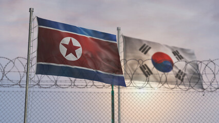 South Korea and North Korea waving flags with barbed wire border