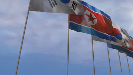 South Korea and North Korea waving flags 3d illustration