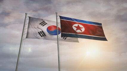 South Korea and North Korea waving flags 3d illustration