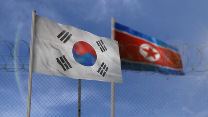 South Korea and North Korea waving flags with barbed wire border
