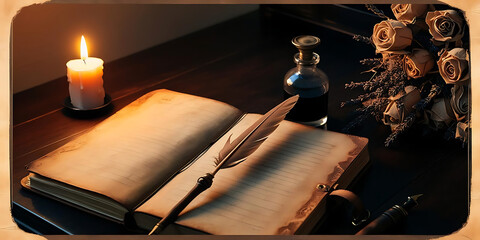 Antique Open Book with Quill, Candlelight, and Dried Roses

