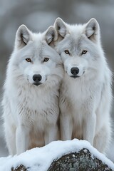 Obraz premium Two white wolves on snowy rock