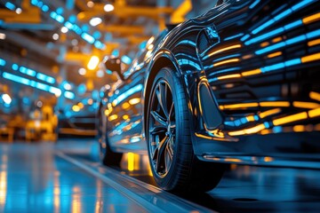 Fototapeta premium Dark car on assembly line, illuminated by vibrant lights