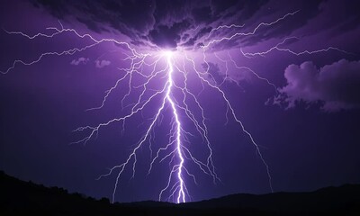 Intense purple lightning bolt splitting the night sky with dramatic energy and glowing cloud edges. Natural power and storm concept - Powered by Adobe