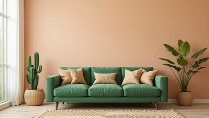 Cozy Living Room Featuring Green Sofa with Decorative Pillows and Indoor Plants in Natural Light