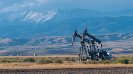 Naklejka premium Multiple oil derricks scattered across an arid landscape, their steel arms moving rhythmically under a blazing sun in the heart of the oil belt