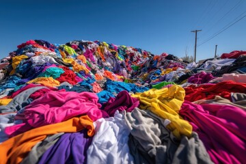 Massive pile of colorful discarded clothing under blue sky at recycling center low angle environmental waste