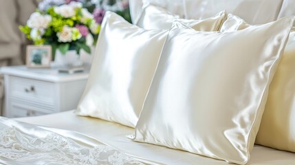Luxurious Satin Pillowcase on a Bed with Elegant Floral Arrangement in Background
