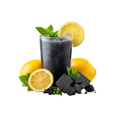 Refreshing Black Lemonade with Activated Charcoal Cubes and Lemon Slices