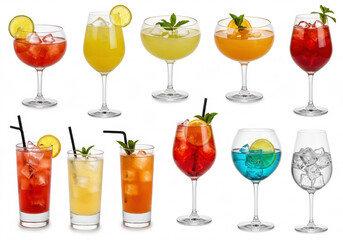 A set of colored alcoholic and non-alcoholic cocktails in glasses with ice isolated on white