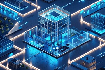Fototapeta premium Electric Blue and Silver Isometric Tech Hub Featuring Innovative Glass Architecture and Urban Landscapes with Eye-Catching Lighting