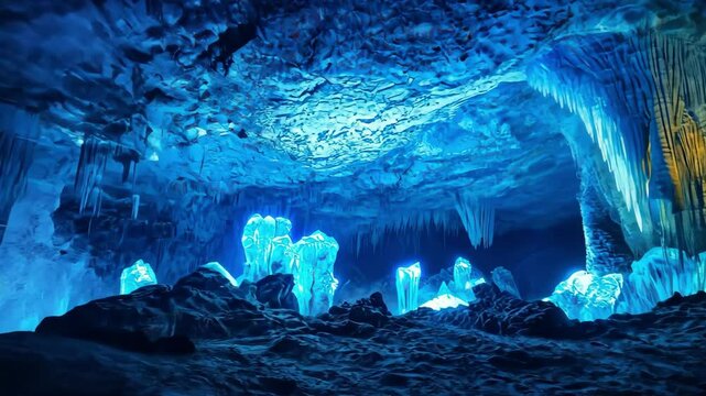 luminous blue ice cave interior with stalactites and rocks, natural wonder, scenic geology, cavern