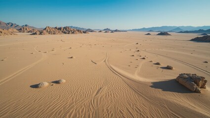 Expansive Desert Landscape Under Clear Blue Sky with Sunlight and Rocky Formations