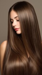 Naklejka premium Young woman with long straight shiny hair on a brown background