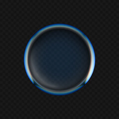 Realistic glossy blue glass sphere with reflective edges, designed in 3D ball style. Render transparent object for web design, app icons, or promotional materials. Vector isolated on dark