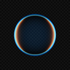 3D glass ball glowing circular holographic sphere render with neon blue outline and soft gradient isolated on dark transparent background. Ideal for mockups, posters or web design. Vector illustration