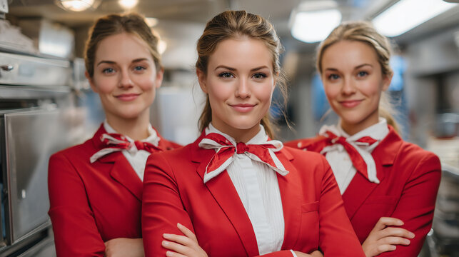 Portrait-style photo of three air hostesses with folded arms near galley, stainless steel surfaces and storage units behind them, a glimpse into aviation service culture