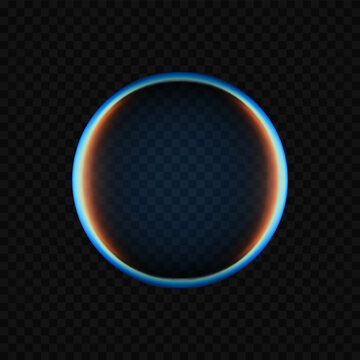 3D glass ball glowing circular holographic sphere render with neon blue outline and soft gradient isolated on dark transparent background. Ideal for mockups, posters or web design. Vector illustration