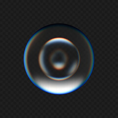 Realistic 3D glass sphere lens with transparent holographic dispersion effect isolated on dark background. Round reflection molecular ball in vector illustration. Medical collagen molecule drop.