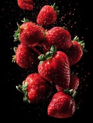 Fresh strawberries falling with splashes of water in a high-contrast setting against a dark background
