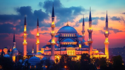 Naklejka premium Illuminated Mosque at Sunset